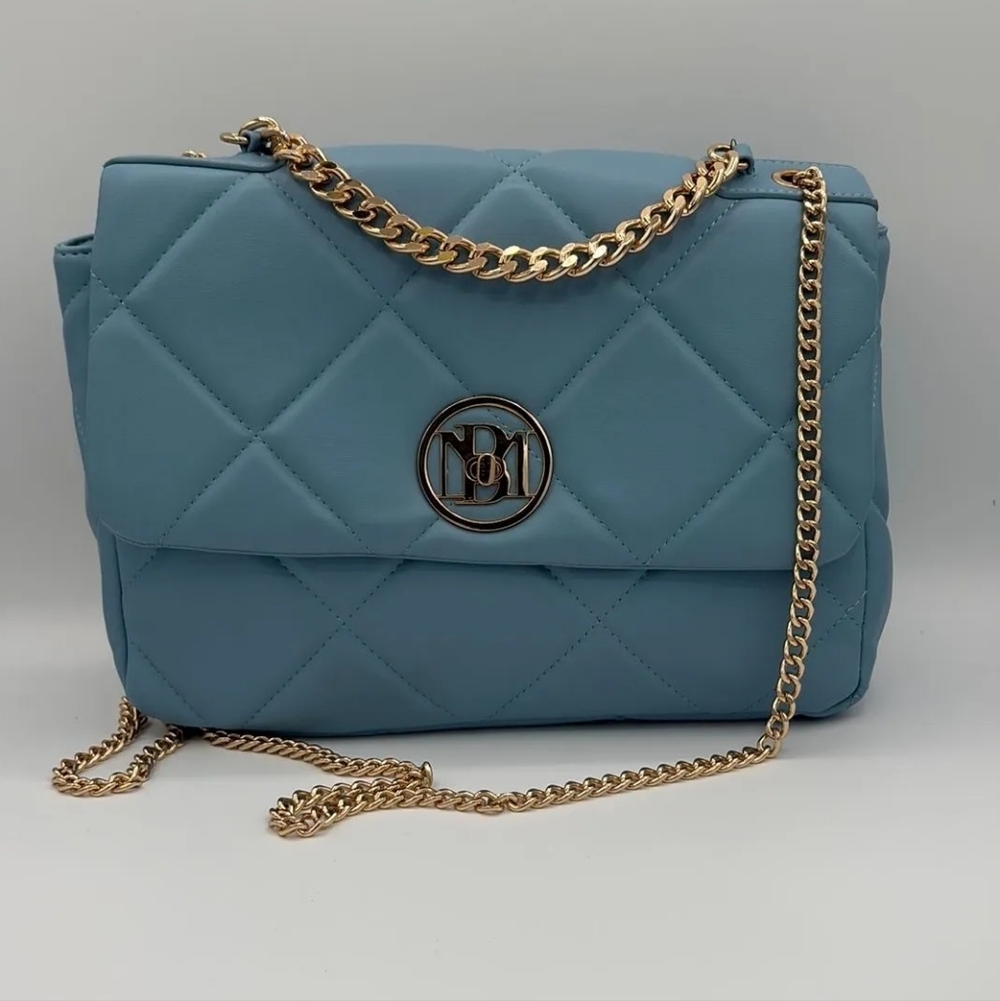 Badgley Mischka Large Blue Quilted Crossbody Bag with Gold Chain